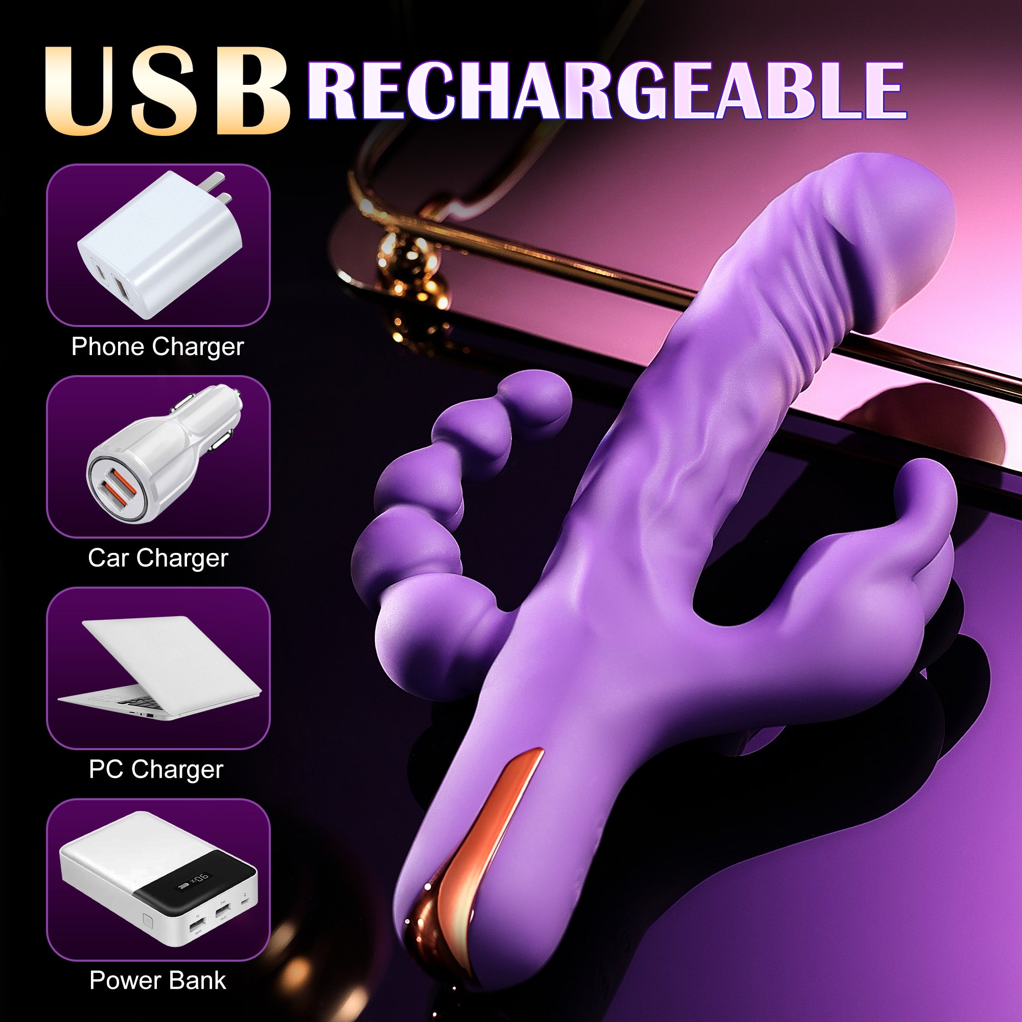 G Spot Rabbit Vibrator Sex Toy Rabbit Dildo with Vibrating Anal Beads usb charging