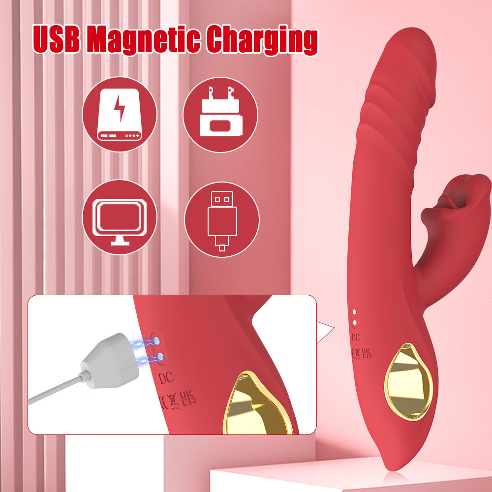 Vibrator Thrusting Dildo  3IN1 G Spot Vibrators Tongue Clitoral Stimulator with 10 Vibrating 5 Thrusting & Licking Biting Modes usb magnetic charging